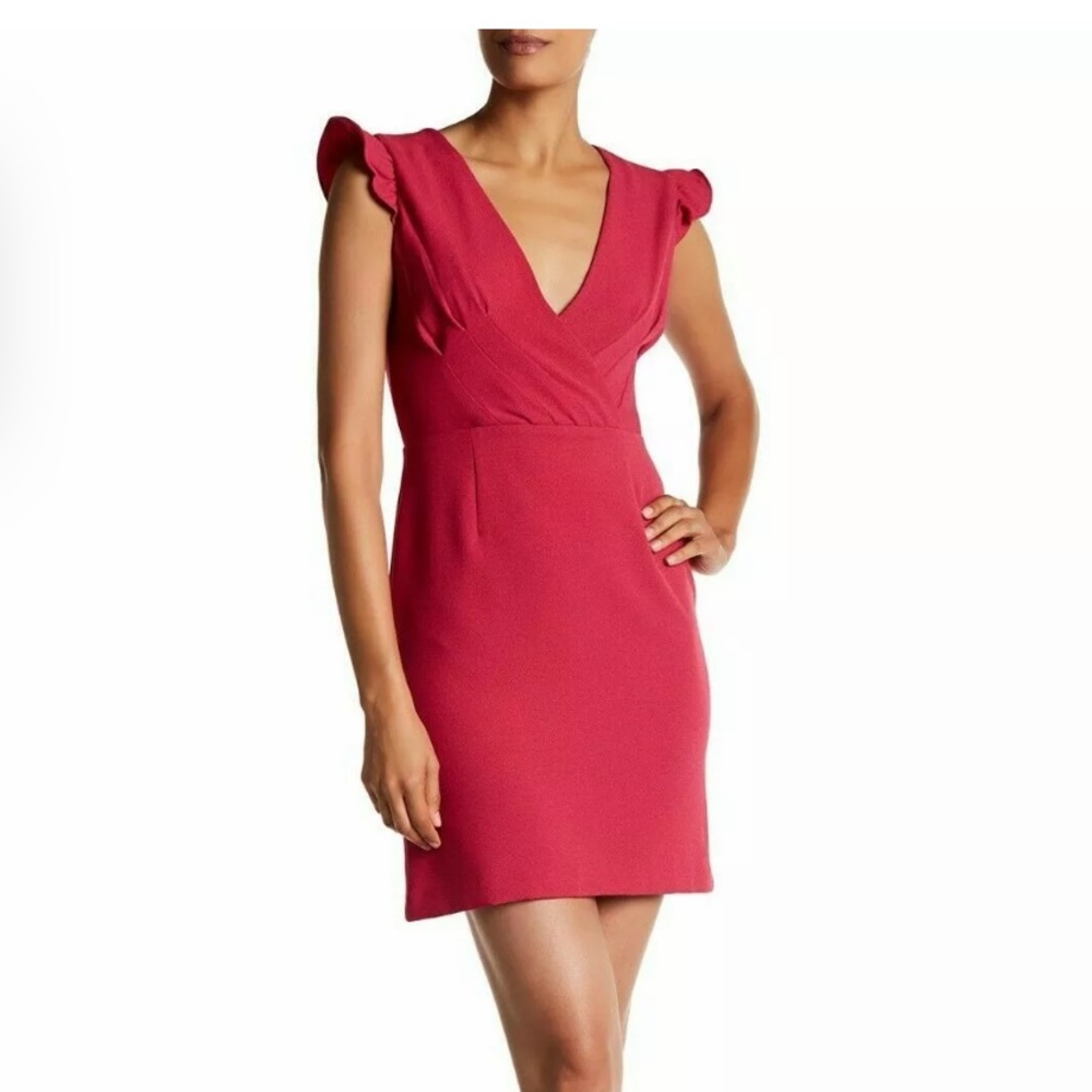 Nicole Miller Sheath Dress NWTSize 4 Pink Ruffle Sleeve V-Neck Stretch Crepe